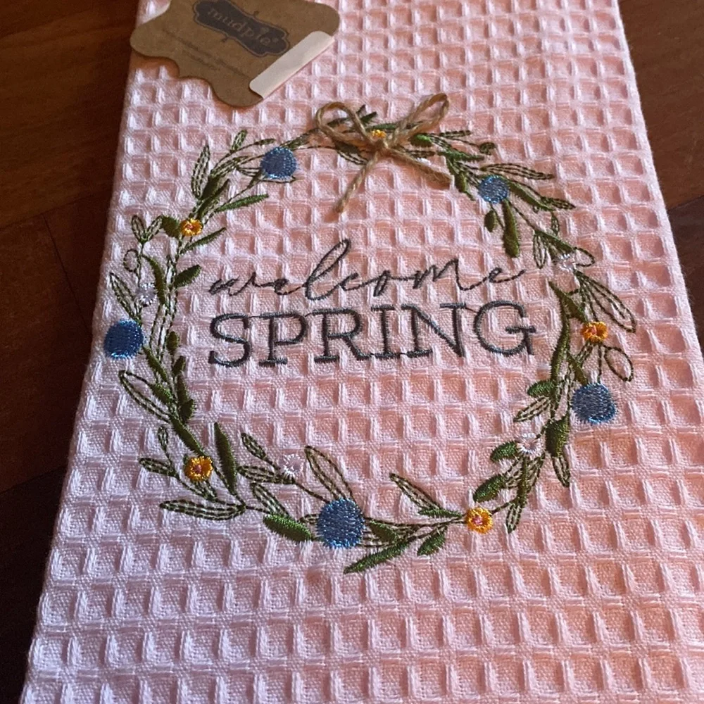 NWT Mud Pie Pink Embroidered Spring Tea Dish Towel, Spatula & Cookie Cutter
